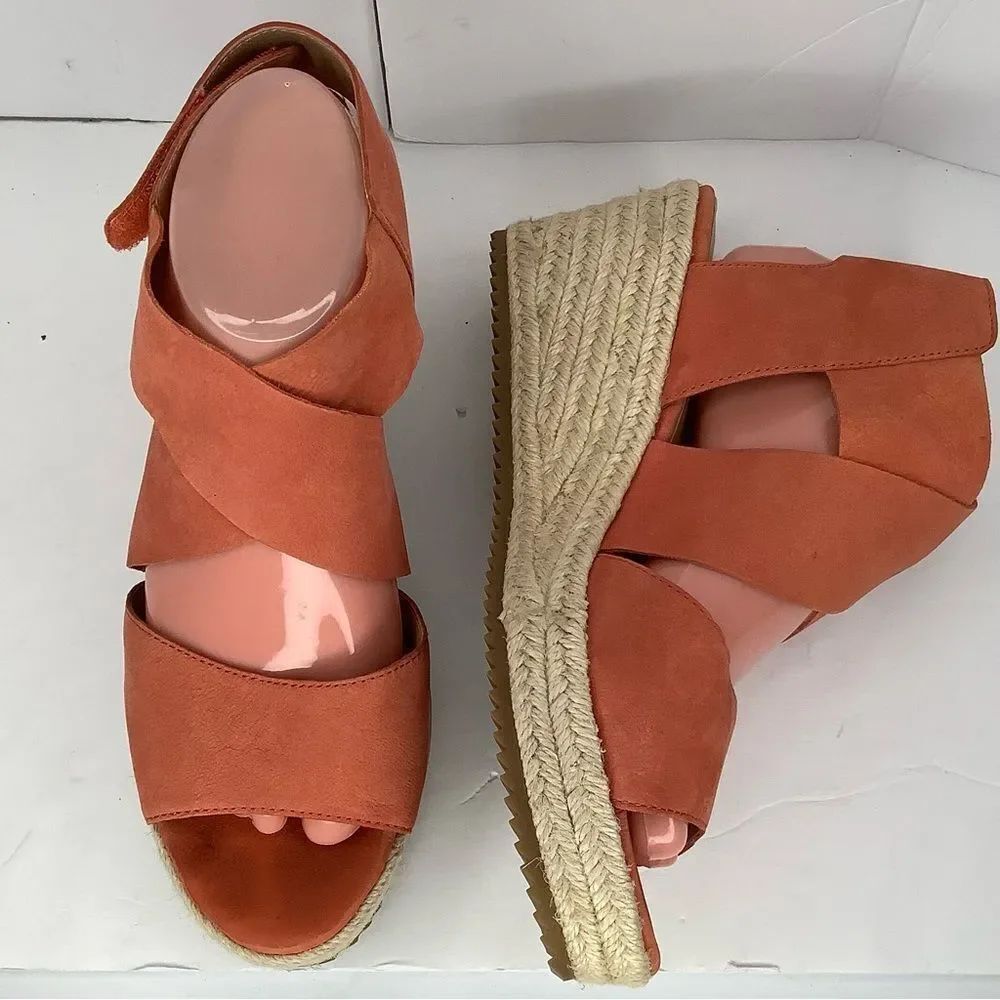 Eileen Fisher Willow Tumbled Orange Leather Wedge Espadrille Women Sandals Sz 9